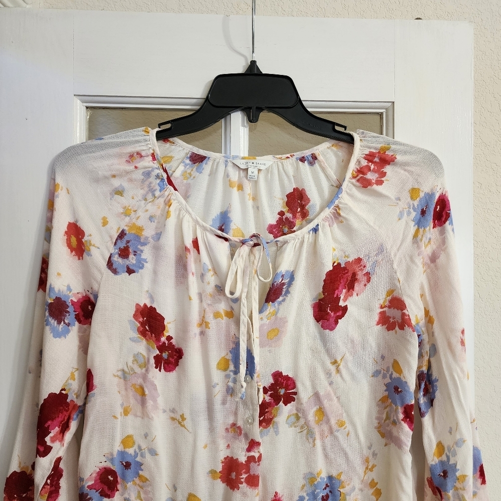 Lucky Brand Floral Blouse Medium Ivory Tie Front Long Sleeve Boho - Picture 5 of 14